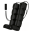 Black inflatable leg massage device with two padded leg sections, a foot cuff, and an attached remote control on a white background.