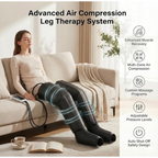 Woman using an advanced air compression leg therapy system in a cozy living room.