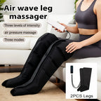 Person using an air wave leg massager with product details on a white couch.