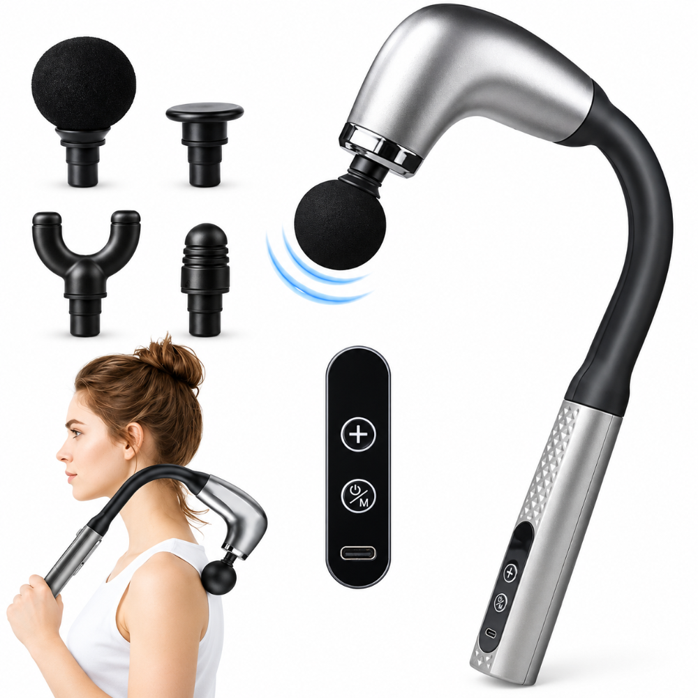 Silver and black neck massage gun with interchangeable black massage heads, shown alongside a small black remote control and a woman using the device on her neck against a white background.