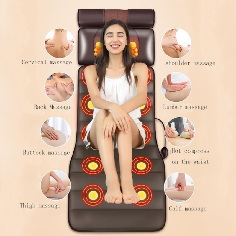 Woman sitting on a massage mat with various massage points illustrated around her.