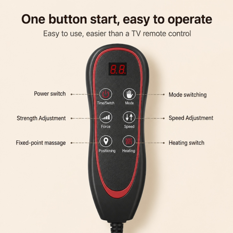 A black handheld remote control with red trim and a small red LED display, shown on a beige background with callout labels for power switch, mode switching, strength adjustment, speed, fixed-point massage, and heating switch.