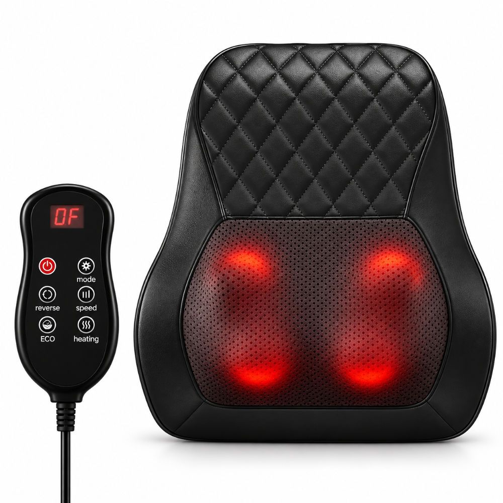 Black quilted massage pillow with red LED lights illuminated, shown alongside a black remote control on a white background.
