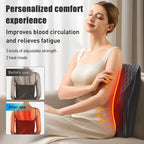 Woman using a back massager with text highlighting its benefits