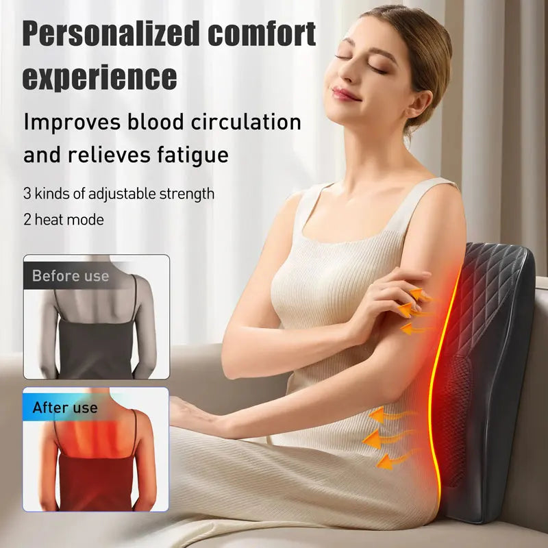Woman using a back massager with text highlighting its benefits