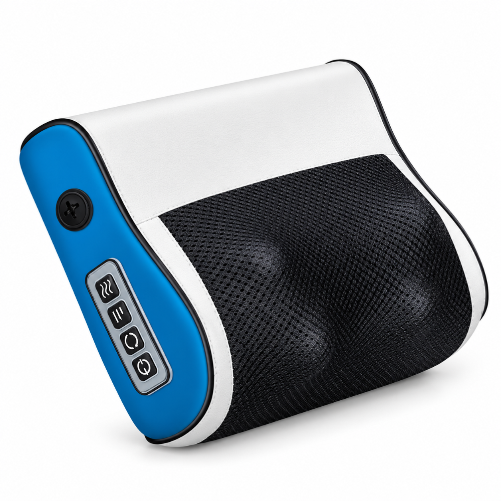 A neck and shoulder massager with a white and blue outer shell, a black mesh-protected massage head, and a control panel with four buttons on the side, shown on a white background.