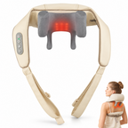 Beige neck and shoulder massage pillow with built-in gray massager pads and a glowing red heat indicator, shown on a white background with a small inset of a woman wearing it.