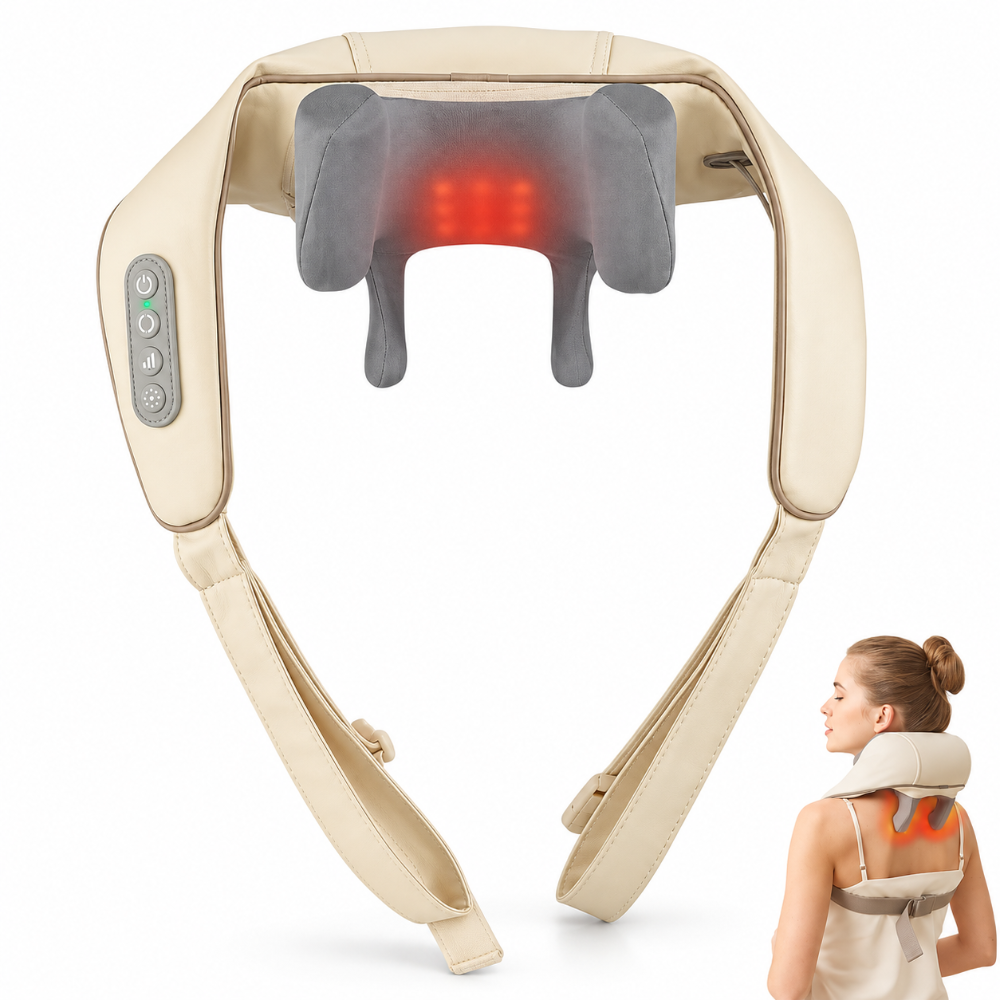 Beige neck and shoulder massage pillow with built-in gray massager pads and a glowing red heat indicator, shown on a white background with a small inset of a woman wearing it.