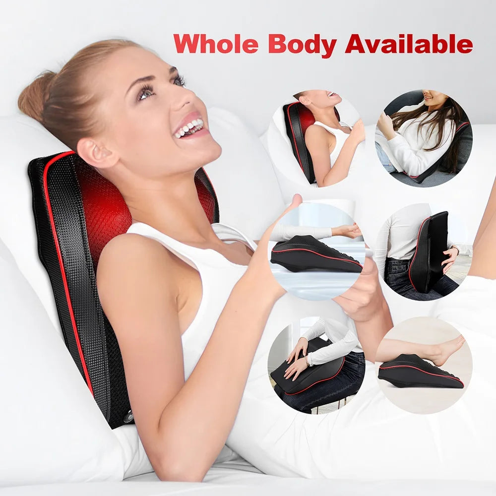 Back & Neck Massage Pillow with Lumbar Support – Deep Kneading Cushion for Chair & Car Use