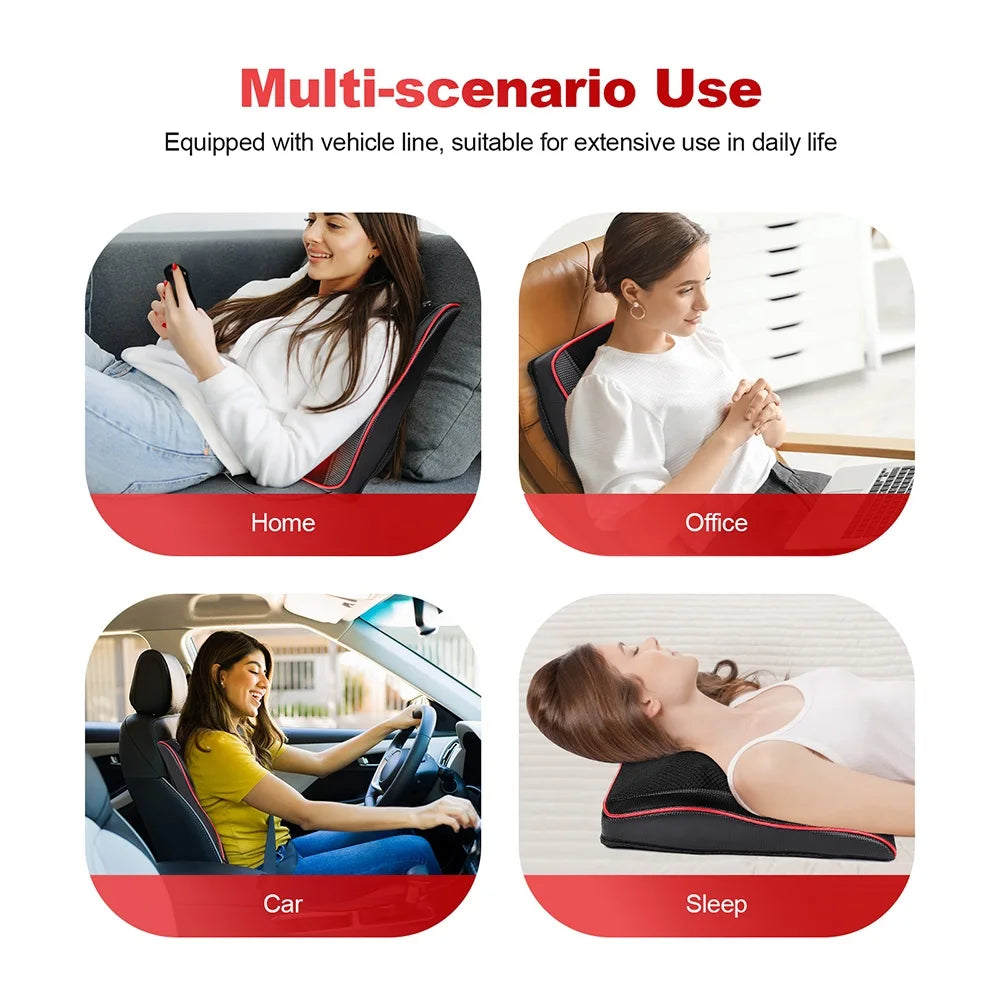 Back & Neck Massage Pillow with Lumbar Support – Deep Kneading Cushion for Chair & Car Use