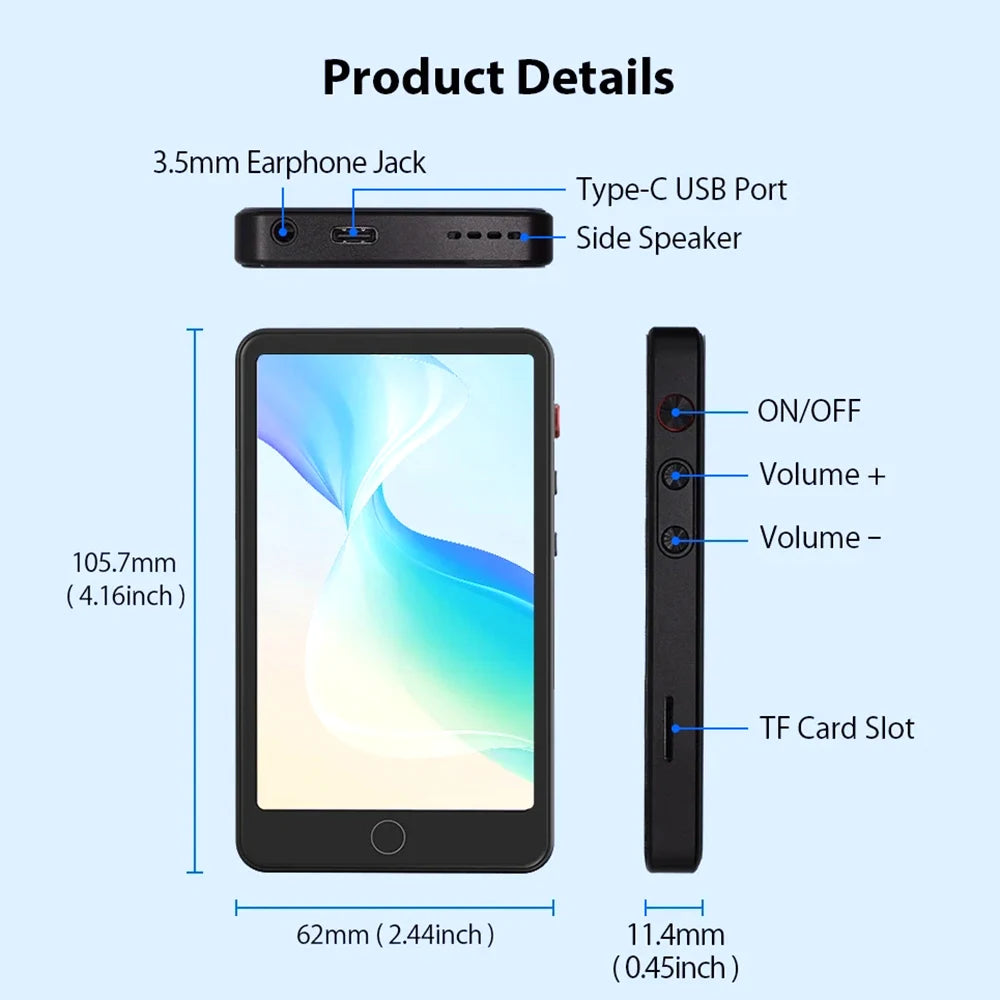 WiFi MP4 Player with Camera – Android Touch Screen Media Player, Bluetooth 5.0 & 16GB Storage