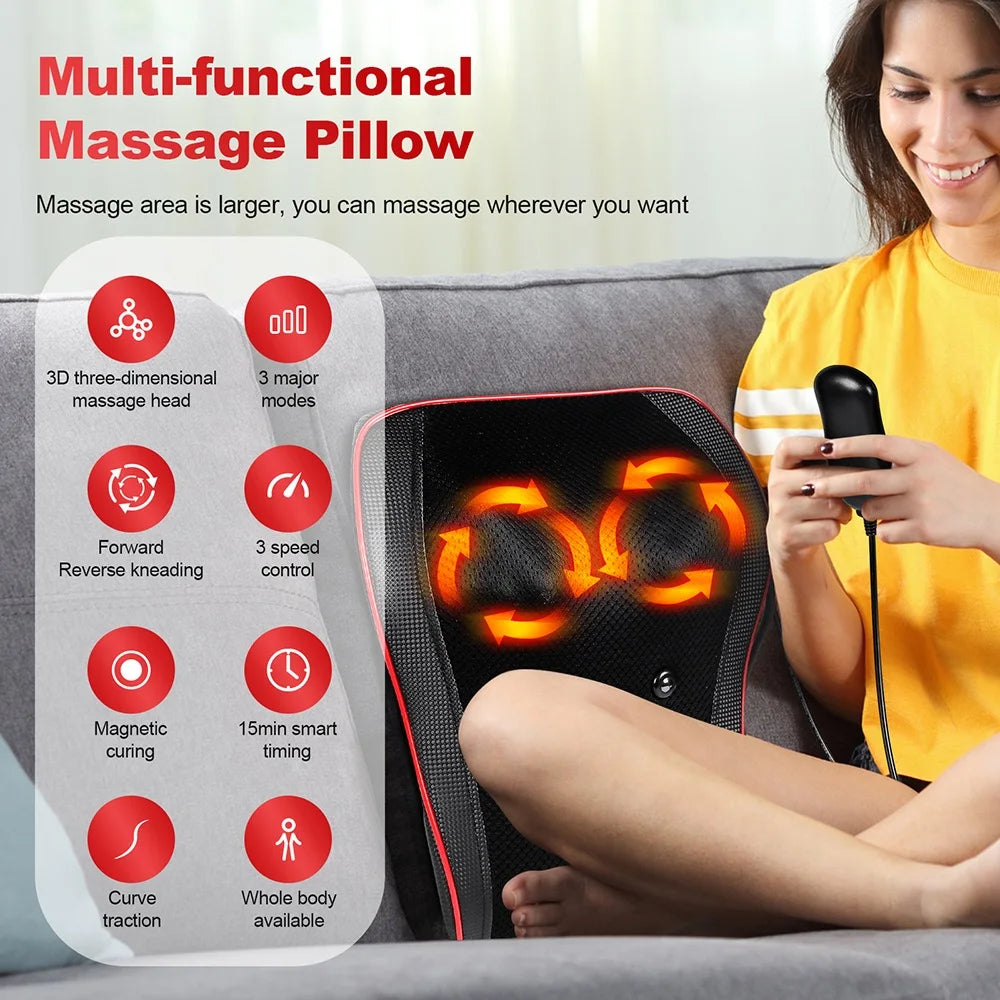 Back & Neck Massage Pillow with Lumbar Support – Deep Kneading Cushion for Chair & Car Use