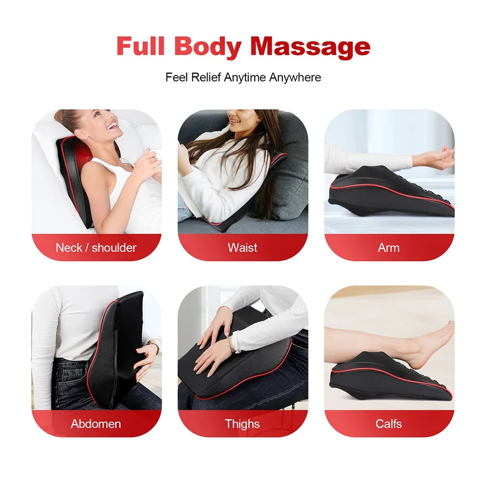 Back & Neck Massage Pillow with Lumbar Support – Deep Kneading Cushion for Chair & Car Use