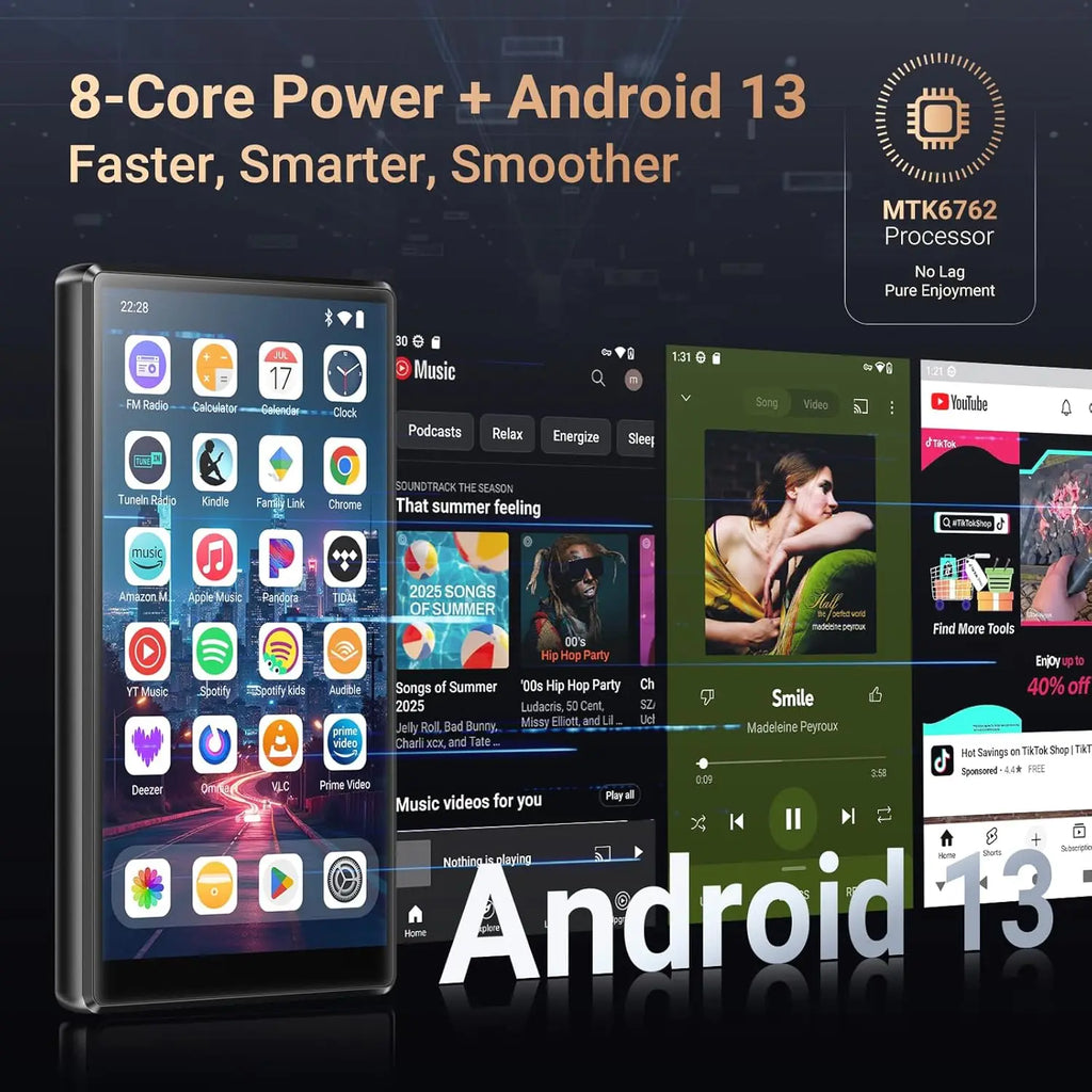 5” Android 13 MP3/MP4 Player with 128GB Storage – WiFi & Bluetooth Touchscreen Music Player with Apps