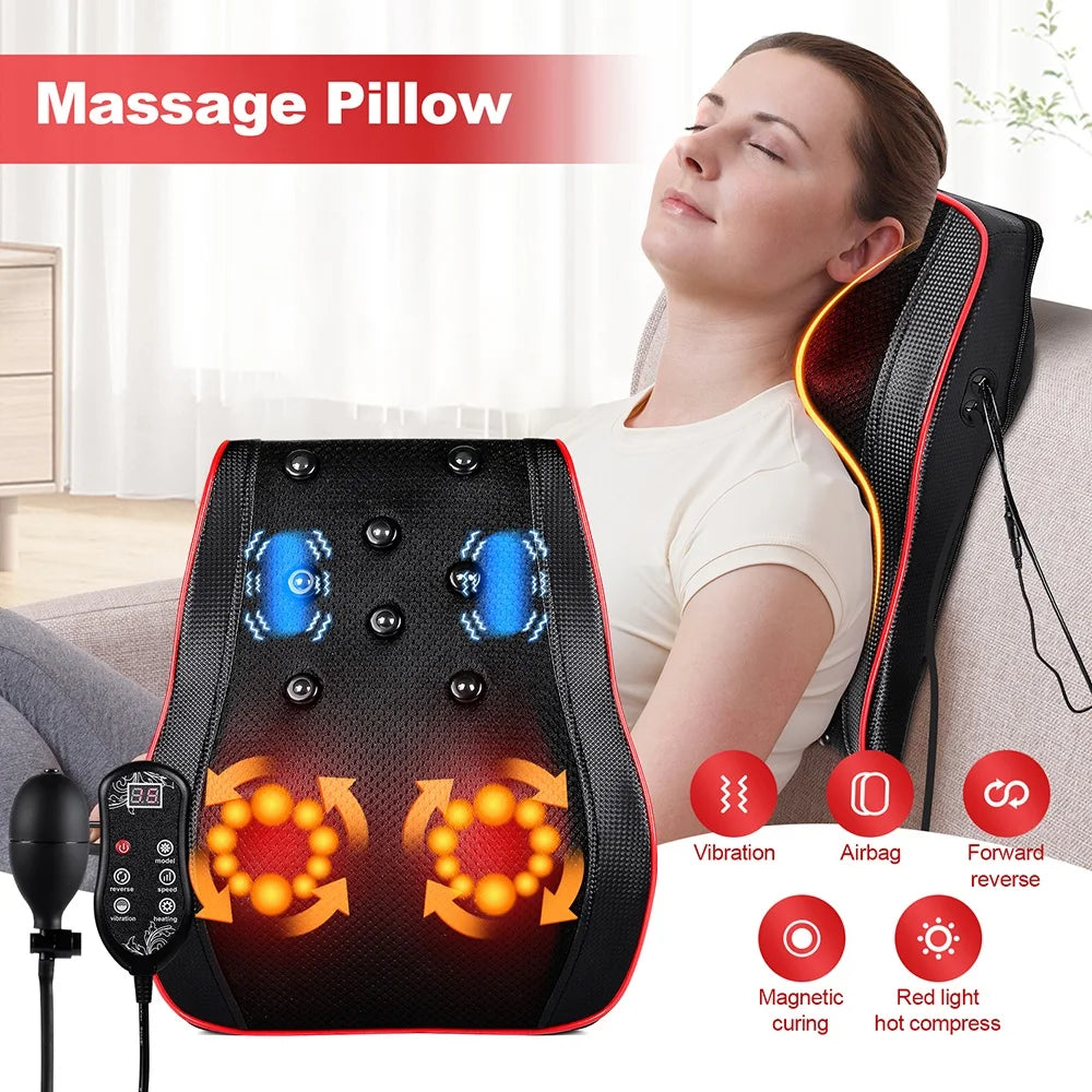Back & Neck Massage Pillow with Lumbar Support – Deep Kneading Cushion for Chair & Car Use
