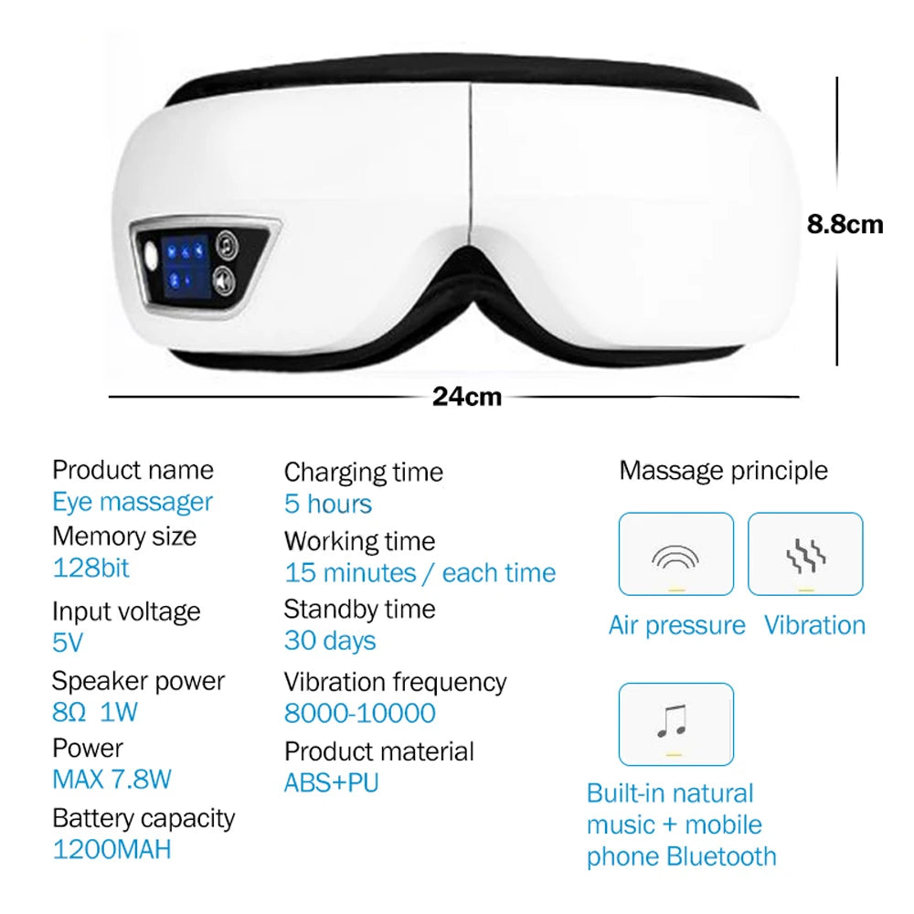 Smart Eye Massager with Bluetooth Music – 6D Air Compression & Vibration Eye Care Glasses