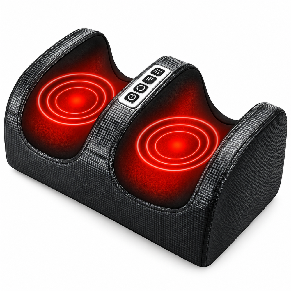 Black foot massager with two glowing red heating zones and a control panel on top, shown on a white background.