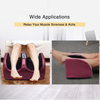 Red foot massager being used on feet in a home setting with text about muscle soreness relief.