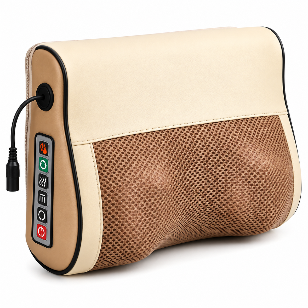An electric neck and shoulder massage pillow with a beige faux-leather upper section, a brown mesh-textured lower section, and a black control panel on the side.