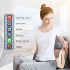 Woman using a massage pillow with a control panel overlay on a white background