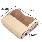 Beige and brown massage pillow with dimensions labeled on a white background