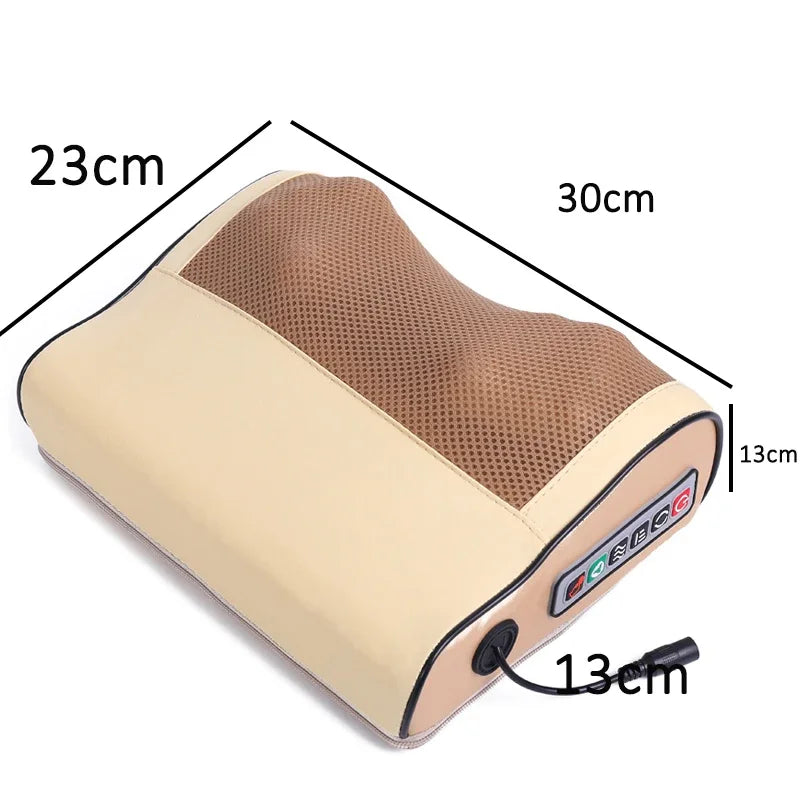 Beige and brown massage pillow with dimensions labeled on a white background