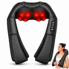 Black neck and shoulder massage pillow with red LED light therapy, shown on a white background with a small inset of a woman wearing it.