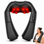 Black neck and shoulder massage pillow with red LED light therapy, shown on a white background with a small inset of a woman wearing it.
