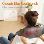 Person using a massage device on their back with text 'Kneads Like Real Hands' and '3D Deep Massage' in a home setting.
