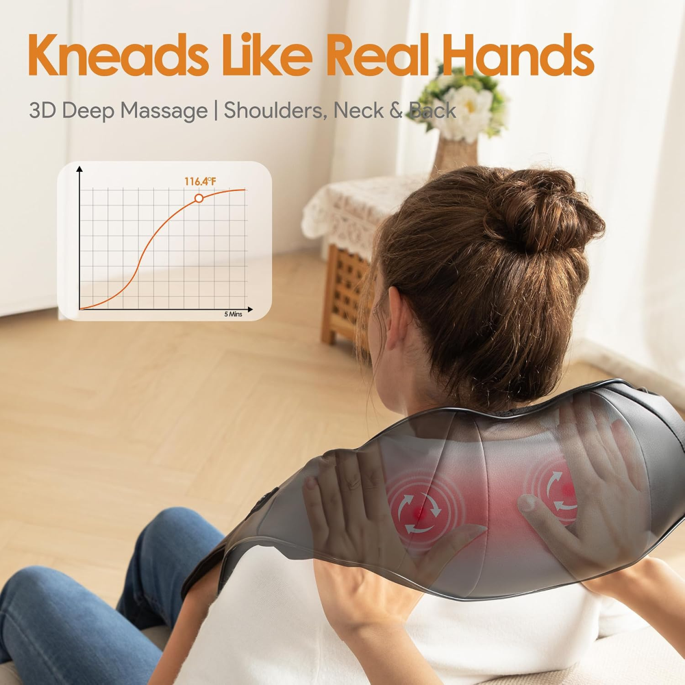 Person using a massage device on their back with text 'Kneads Like Real Hands' and '3D Deep Massage' in a home setting.