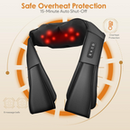 Black neck and shoulder massager with red lights on a beige background, featuring safe overheat protection text.
