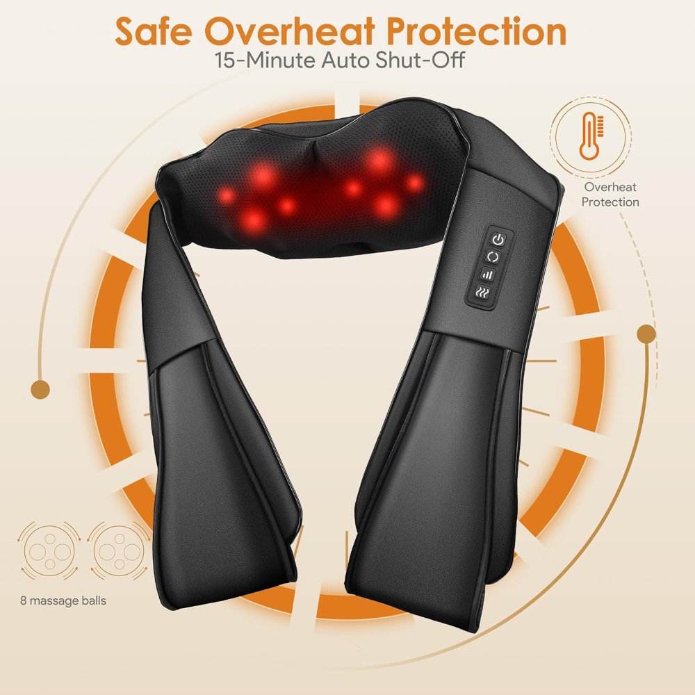 Black neck and shoulder massager with red lights on a beige background, featuring safe overheat protection text.