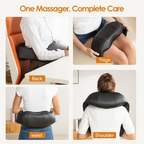 Massage device being used on different parts of the body including back, thigh, waist, and shoulder.