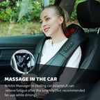 Woman using a massage device in a car with text about the product.