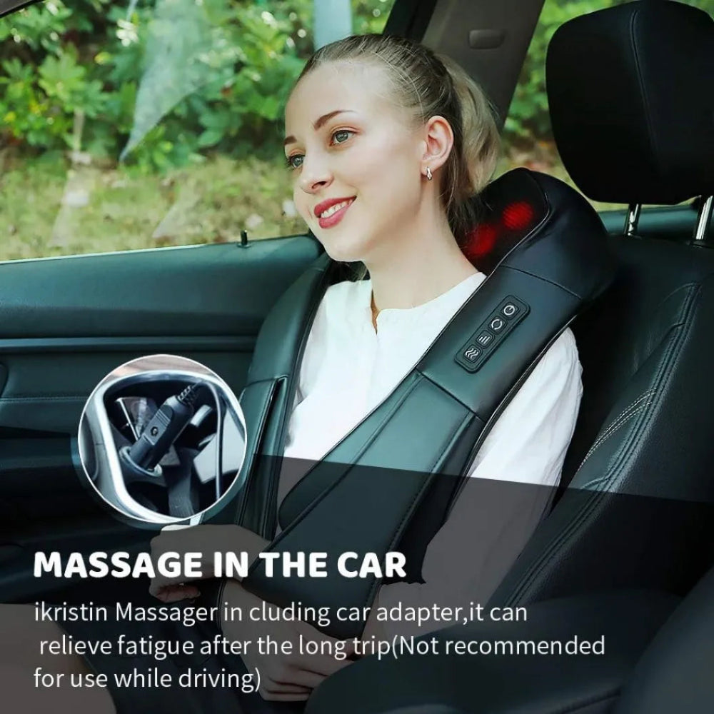 Woman using a massage device in a car with text about the product.