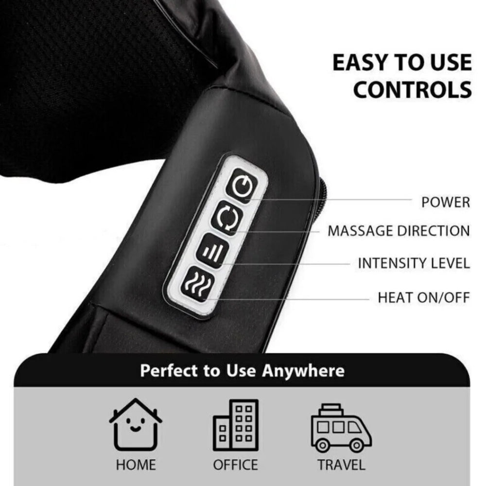 Massage device with control panel and text indicating ease of use and versatility.