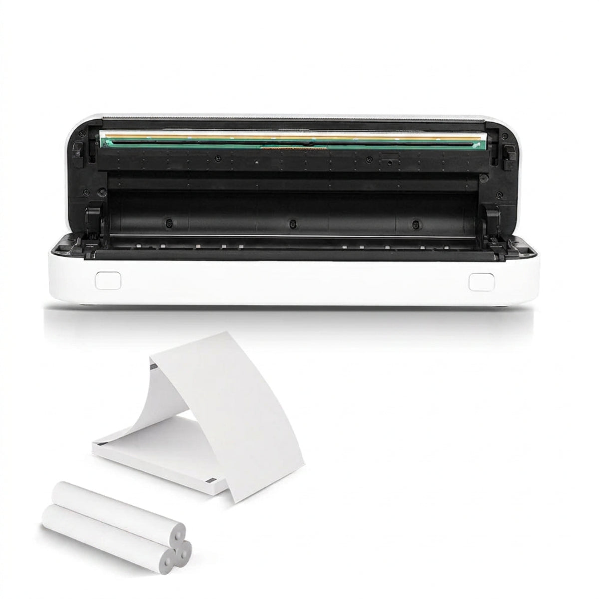Open thermal printer showing its paper path, with illustrations of compatible thermal roll and folded paper; additional paper shown for illustration.
