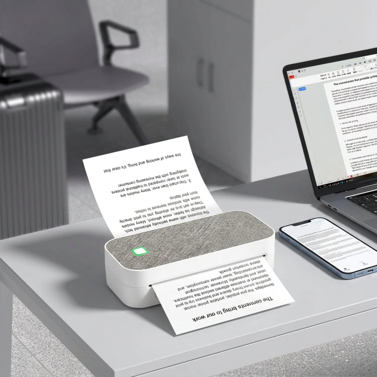 Illustrative setup showing the A4 thermal printer with a phone, laptop and monochrome document; phone and laptop are not included.