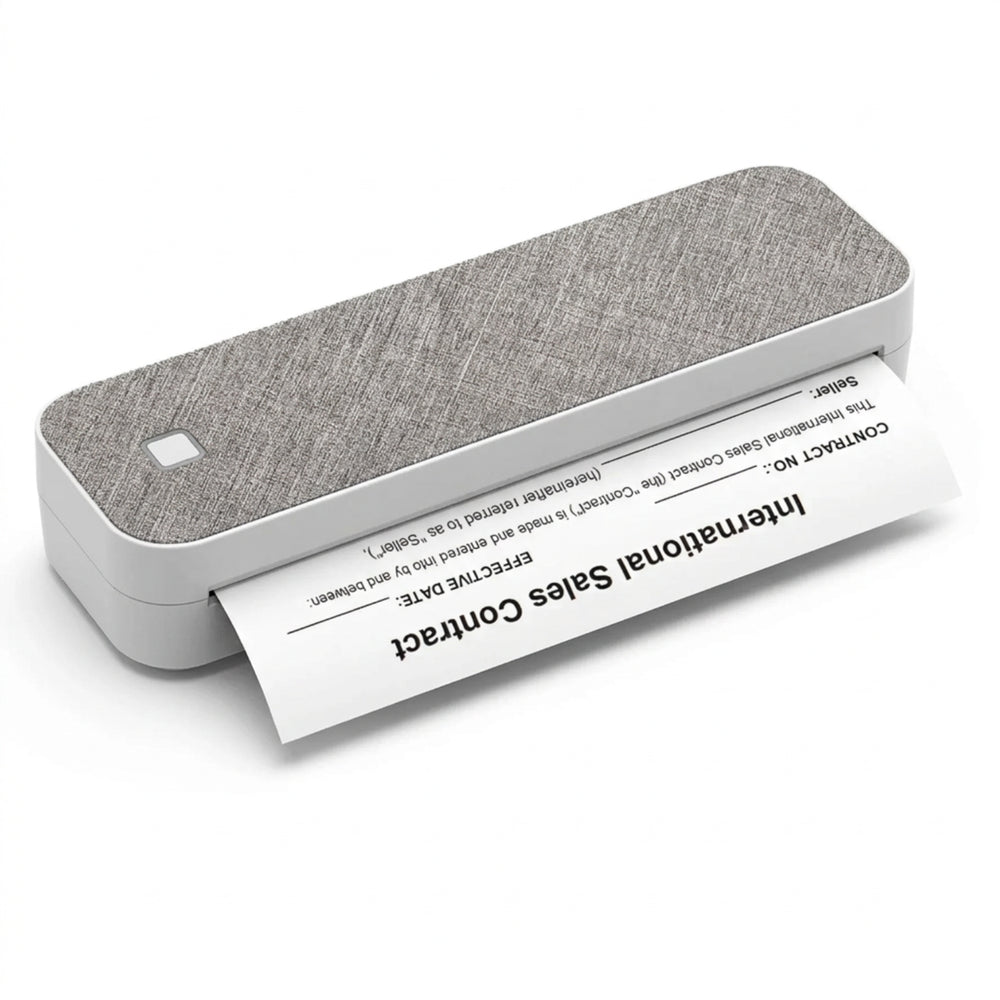 Portable A4 thermal printer with textured top and a monochrome document emerging from the paper slot.