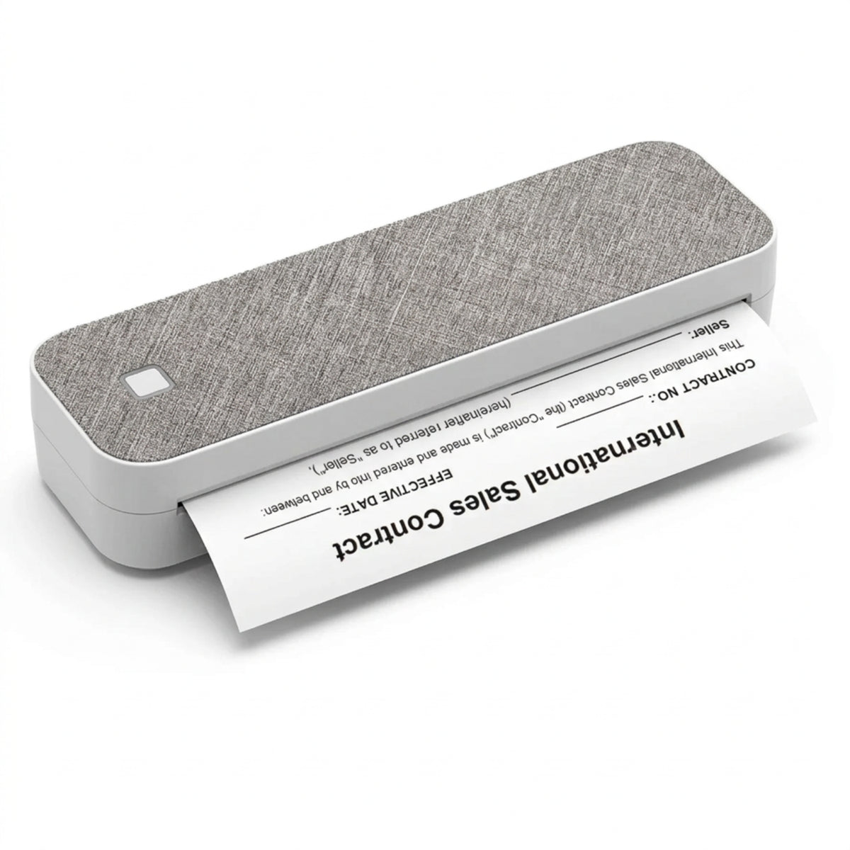 Portable A4 thermal printer with textured top and a monochrome document emerging from the paper slot.