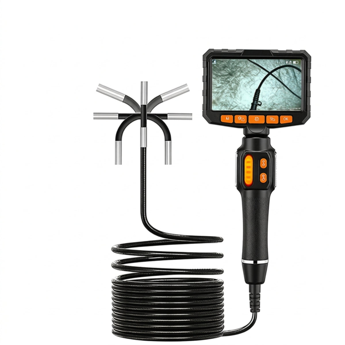 Inspection camera with a diagram illustrating the steerable probe head in different positions.