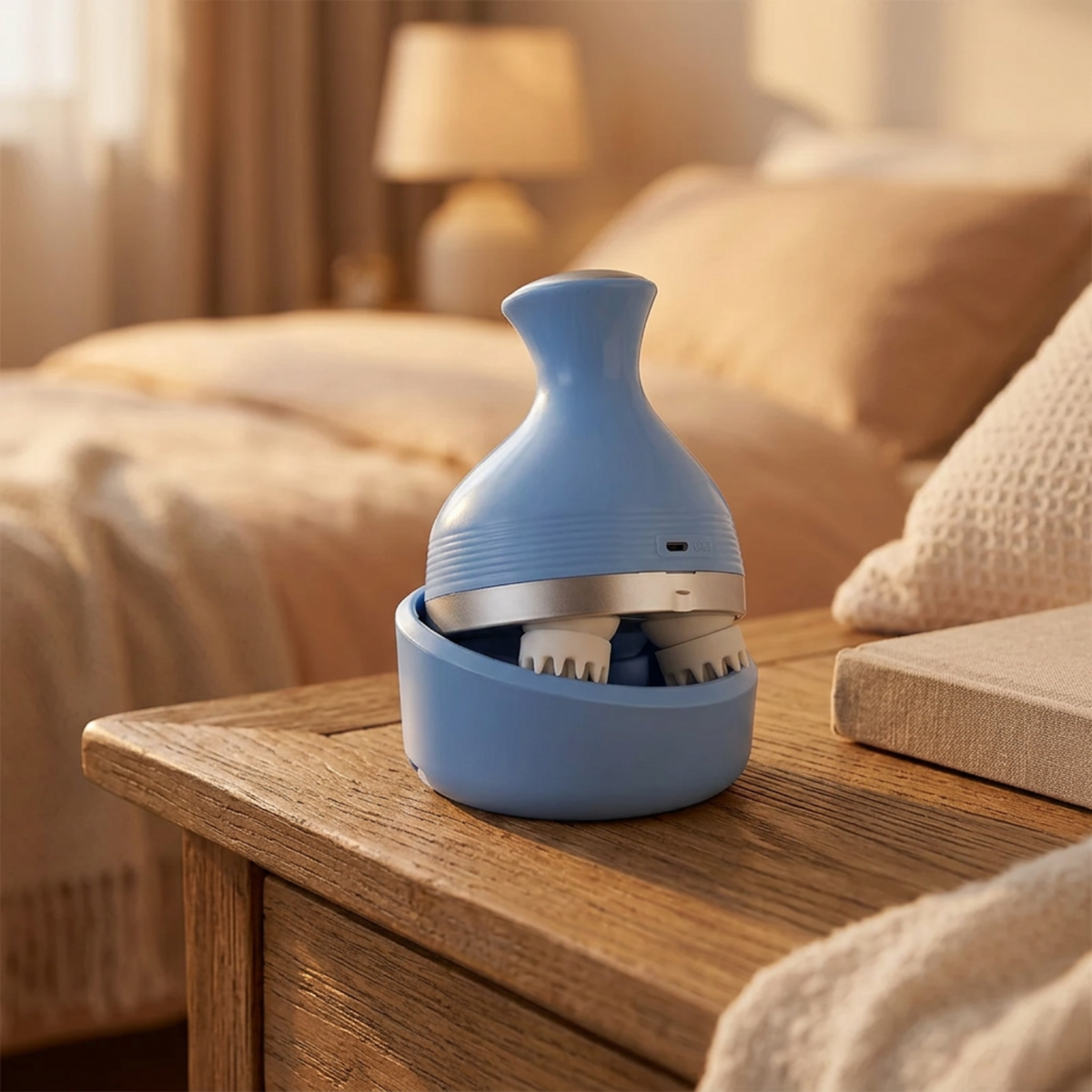 Cordless scalp massager with its matching base on a dry wooden bedside table.