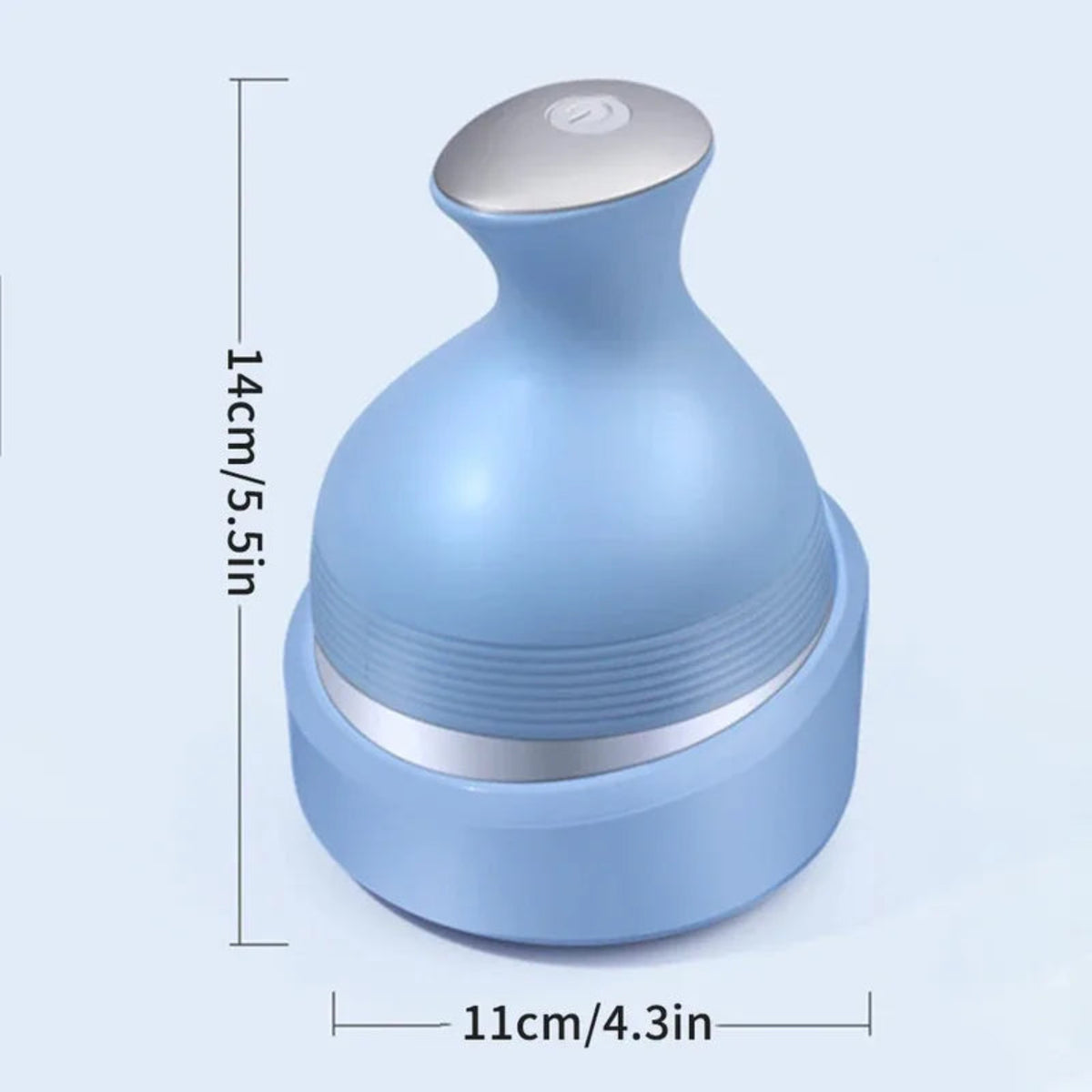 Cordless scalp massager in its matching base, approximately 14cm high and 11cm wide.