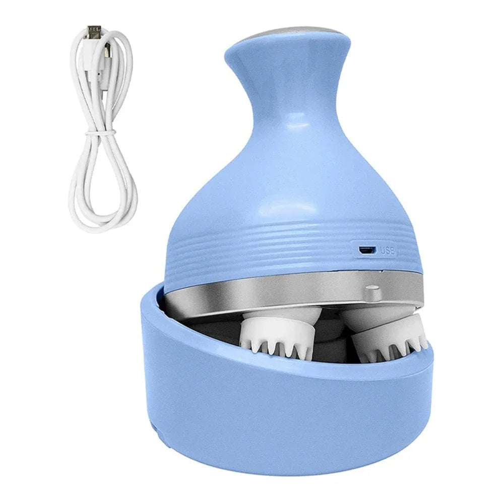 Cordless scalp massager with four massage heads, matching base and USB charging cable on a white background.