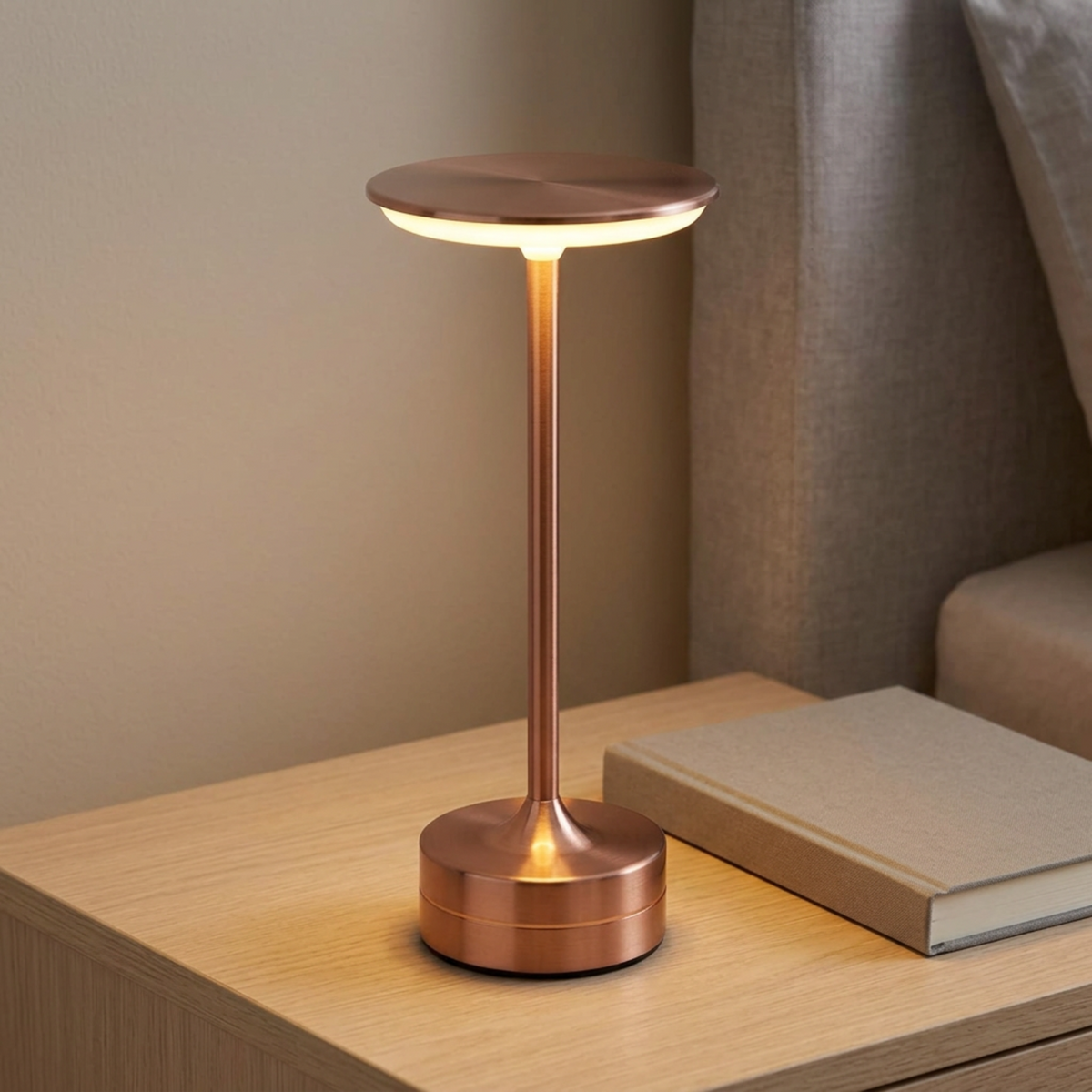 Rose-gold cordless table lamp casting warm light on a bedside table beside a closed book