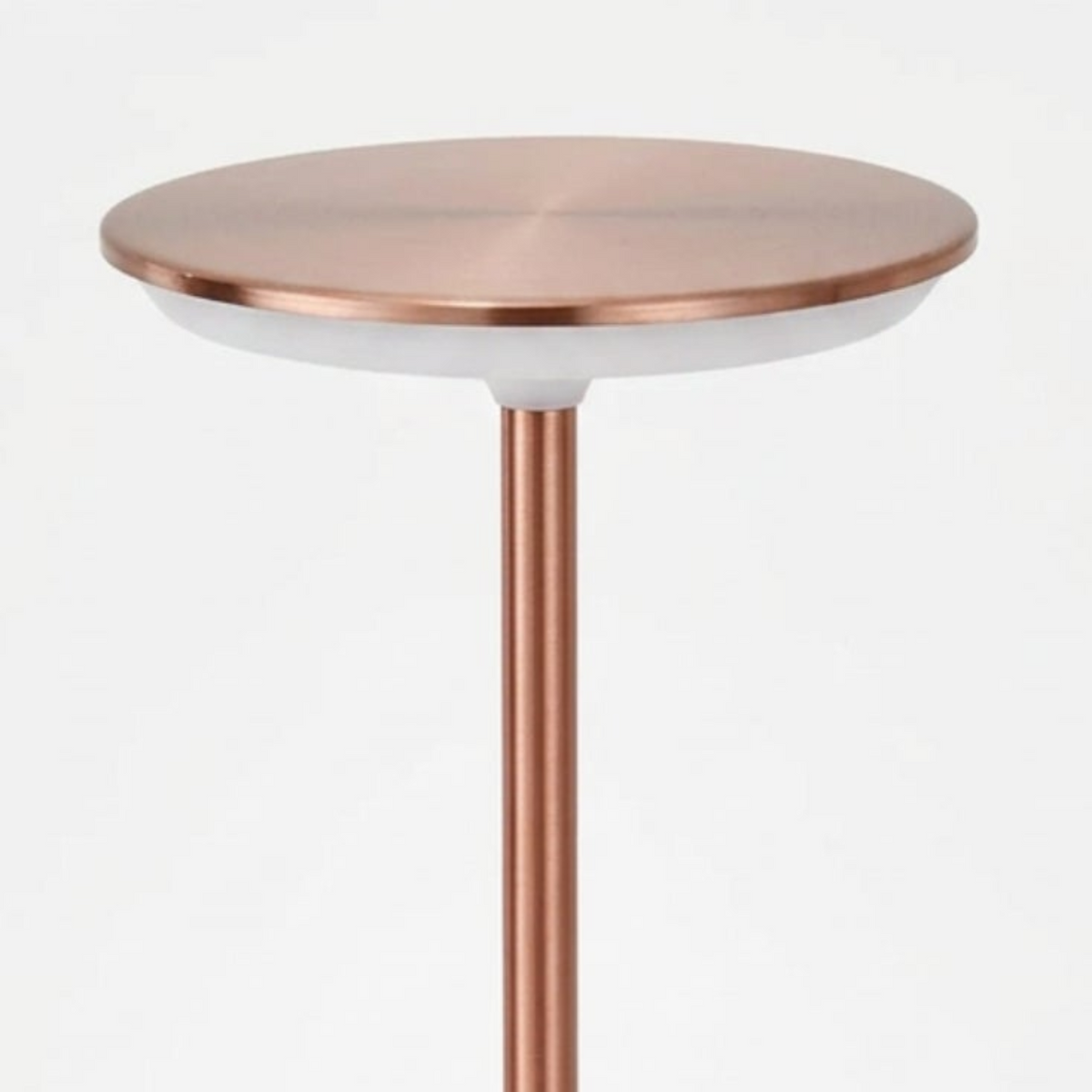 Close-up of the rose-gold circular touch-control shade and white LED diffuser