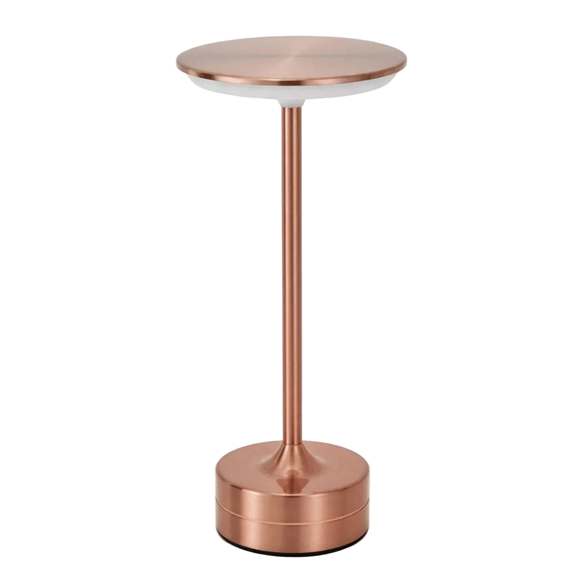 Rechargeable cordless table lamp with rose-gold metal finish and a flat circular shade on white