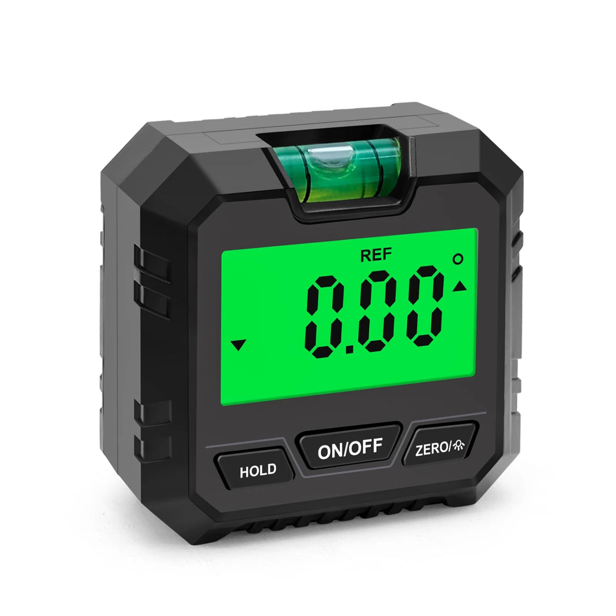 Angled view of the digital angle gauge showing the bubble vial, screen and side housing