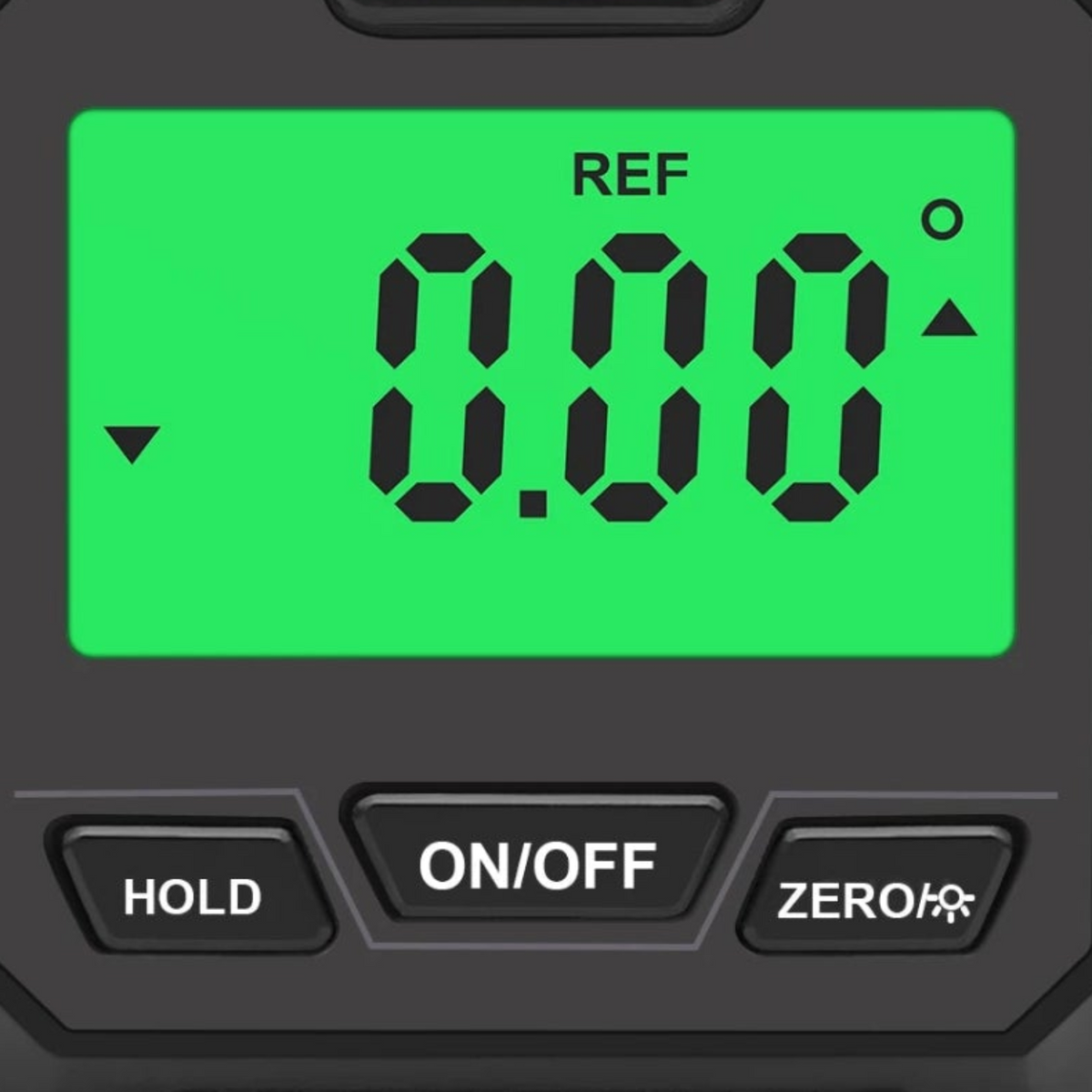 Close-up of the angle gauge LCD and hold, on/off and zero controls