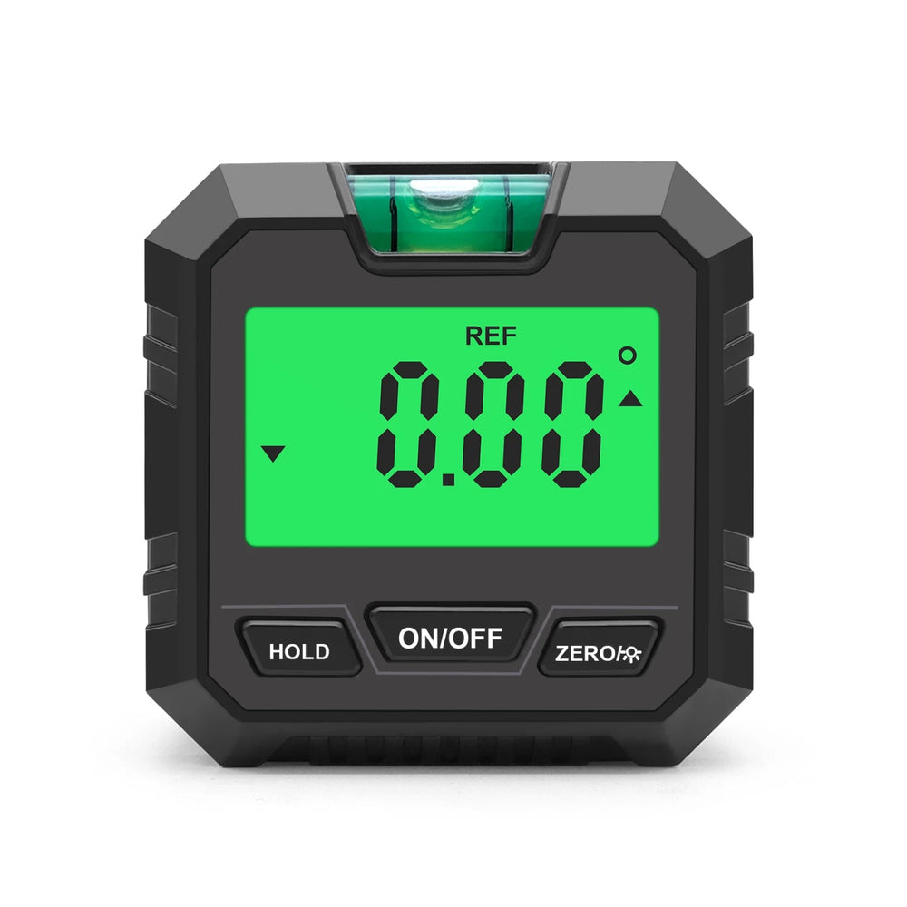 Digital angle gauge with backlit screen, bubble vial and three control buttons on white